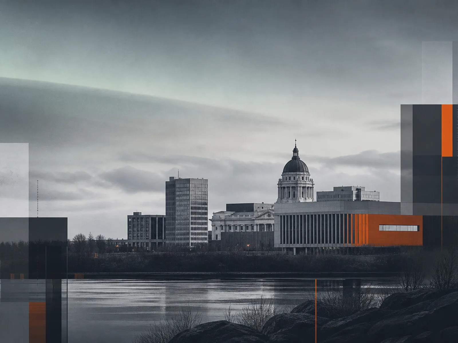 Abstract river valley and civic tones suggesting Edmonton’s capital-region setting