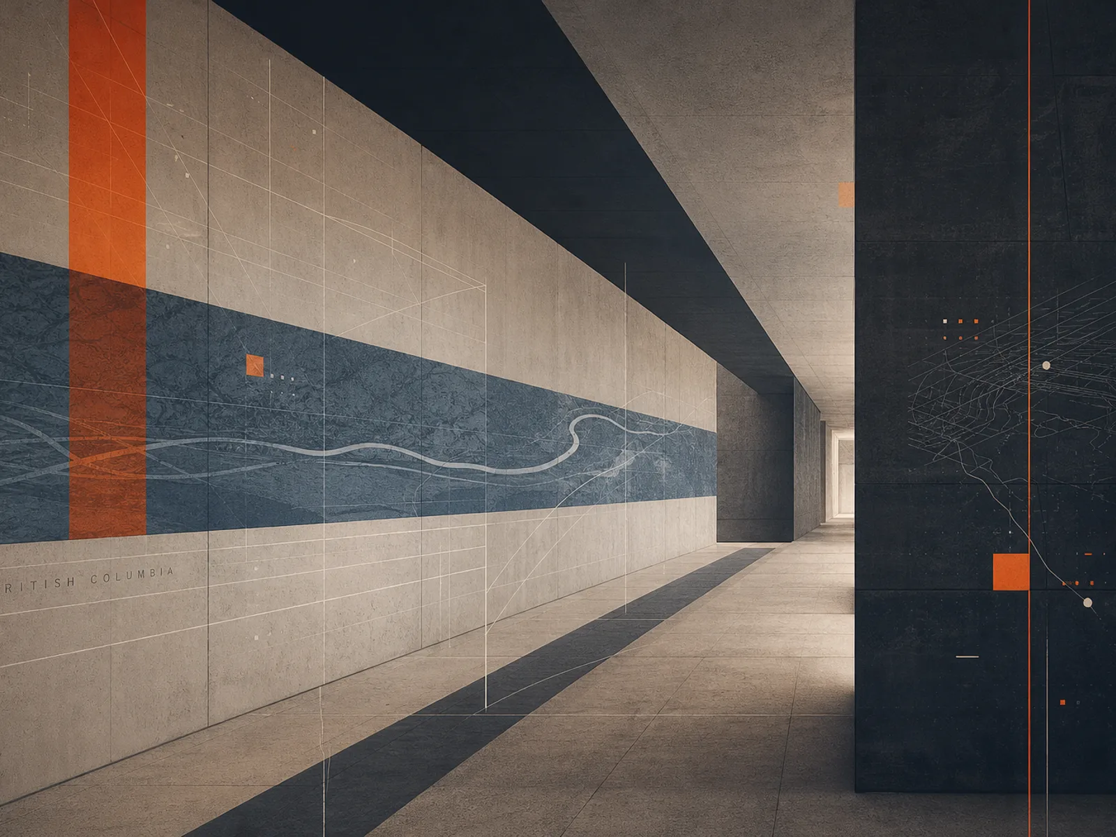 Abstract river valley and corridor tones suggesting Kamloops’ Interior crossroads setting